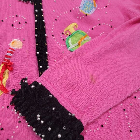 Jack B Quick Womens Full Zip Sweater Size Medium Pink Embroidered Perfume Bottle - Picture 8 of 9